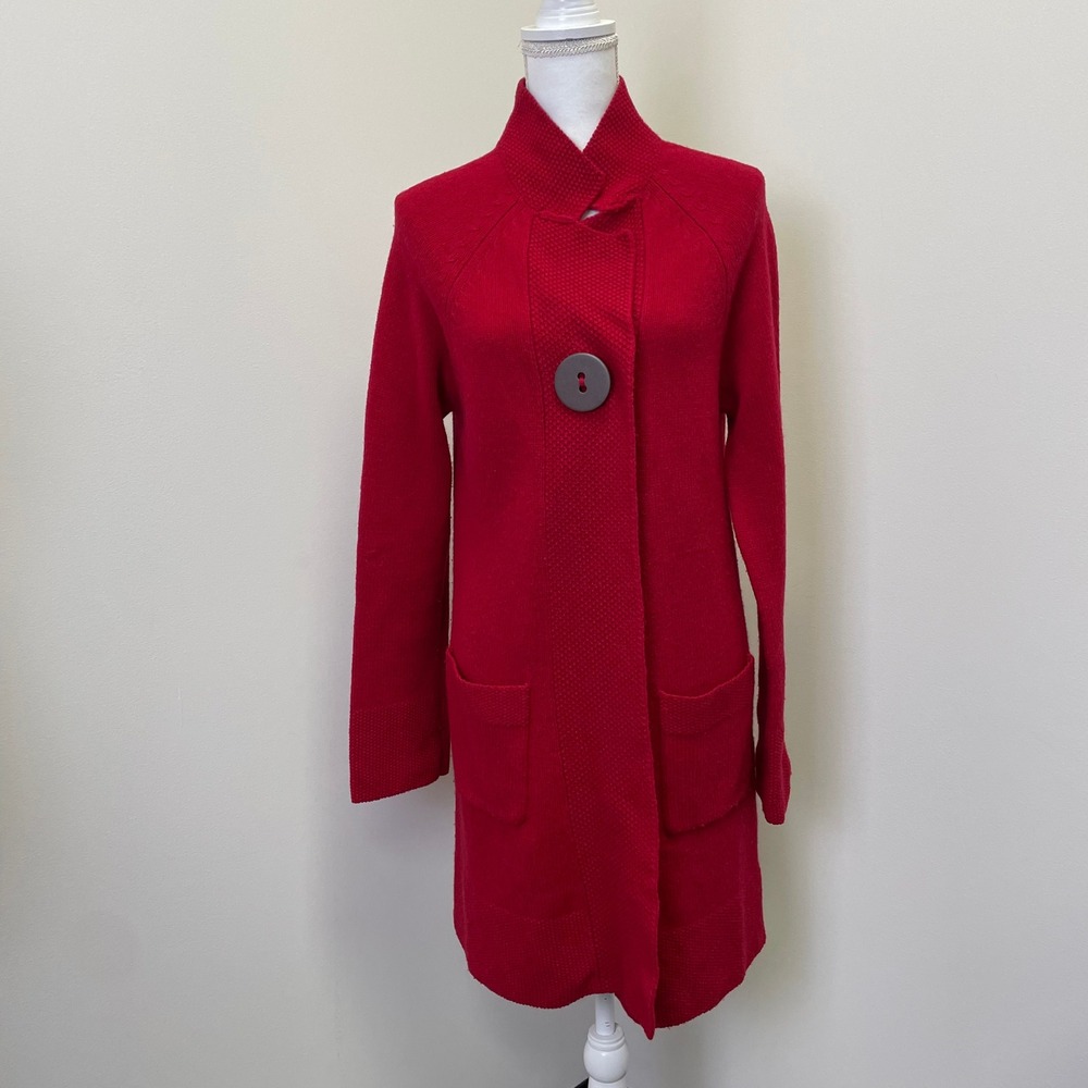 Boden Red 100% Wool Knit Long Cardigan Coat 12 Mock Neck Oversized Button